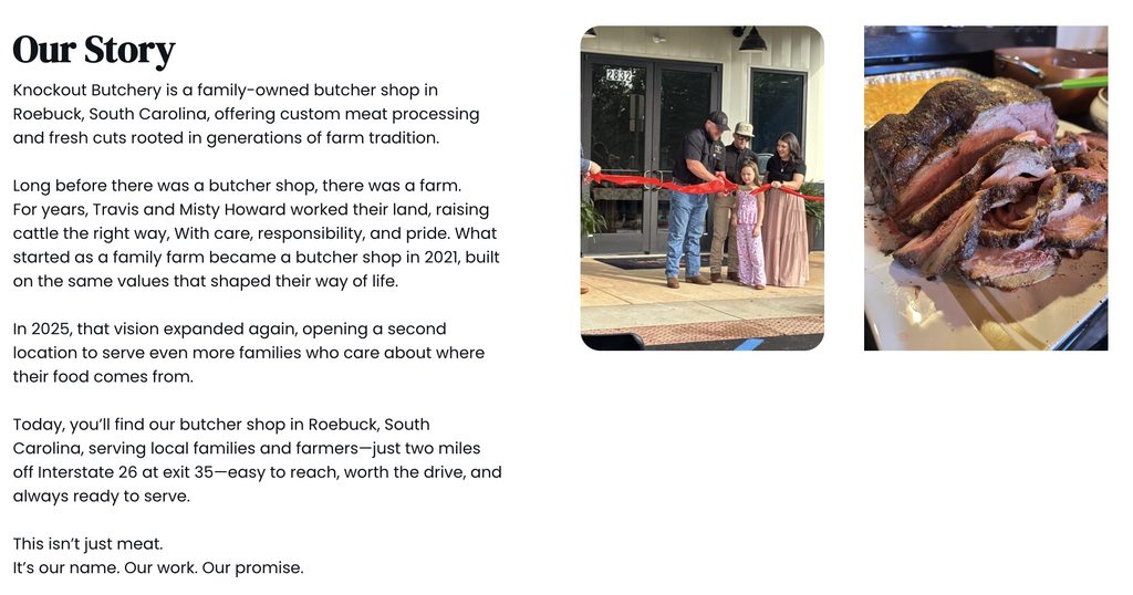 Three people cut a red ribbon at a shop opening; sliced meat is displayed on a plate next to barbecue tools.