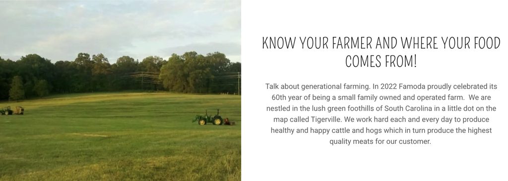 Green field with a tractor on the left, bordered by trees under a clear sky, with text about a family farm.
