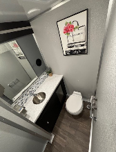 Small modern bathroom with a toilet, sink, mirror, and a framed perfume bottle artwork on the wall.