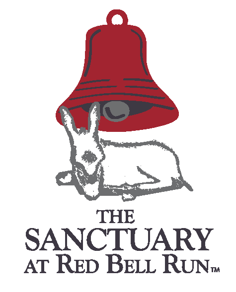 A red bell above a resting donkey, with text: The Sanctuary at Red Bell Run.