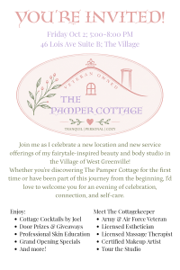 Invitation for a new spa’s grand opening with event details, offerings, and a decorative Pamper Cottage logo.