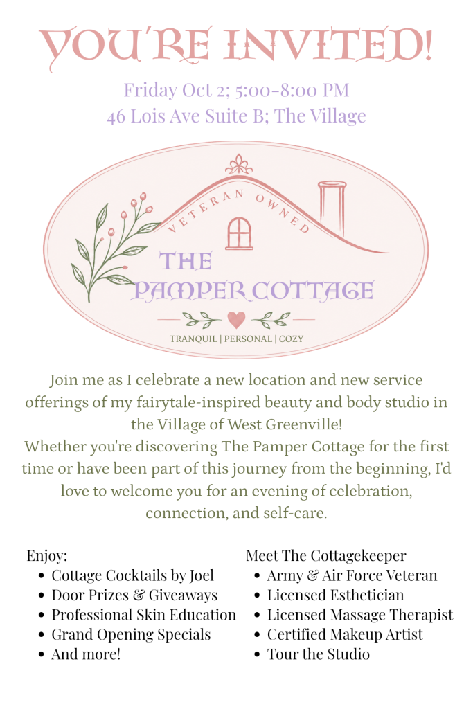 Invitation for a new spa’s grand opening with event details, offerings, and a decorative Pamper Cottage logo.