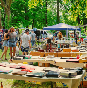People browse outdoor flea market tables with books, antiques, and electronics under blue tents and trees.