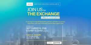 Event flyer for “The Exchange” coffee meetup on September 16, 2026, in Greenville, SC.