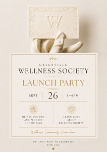 Elegant gloved hand holds embossed card above a wellness society launch party invitation with event details.