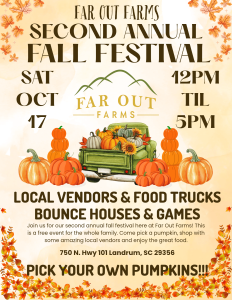 Fall festival flyer with pumpkins, tractor, event date Oct 17, time 12-5pm, and local vendors at Far Out Farms.
