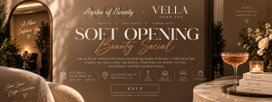 Elegant invitation for a spa soft opening with event details, champagne, and a relaxing, luxurious atmosphere.