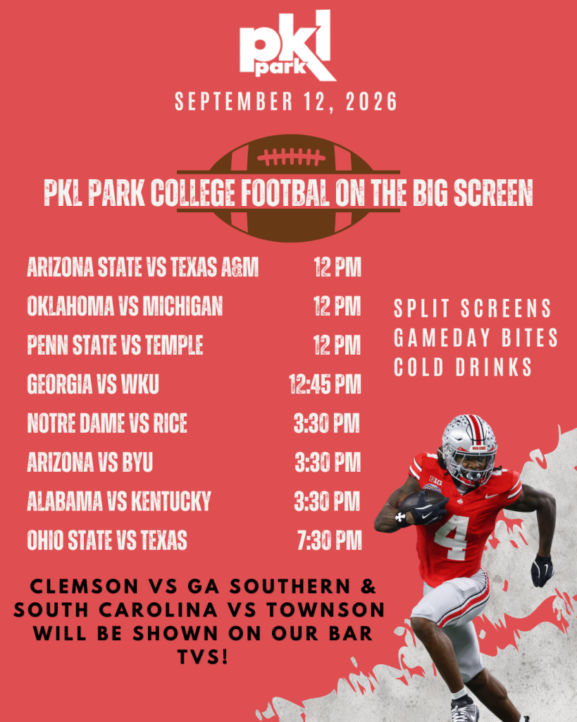Digital flyer for college football event at PKL Park on 9/12/26, listing games and times, features a player.