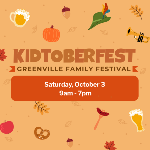 KidToberfest Greenville Family Festival, October 3, 9am-7pm, fall-themed icons on orange background.