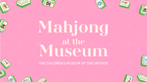 Pink flyer with “Mahjong at the Museum” and mahjong tiles in corners; museum name below.