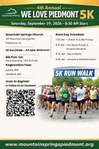 A group of runners at a 5K race start, with event details and QR code for registration on the left.