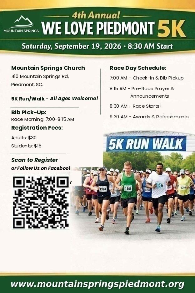 A group of runners at a 5K race start, with event details and QR code for registration on the left.