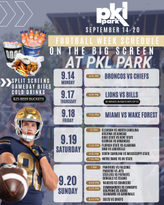 Football week event schedule at PKL Park with game times, team logos, and a football player holding a ball.