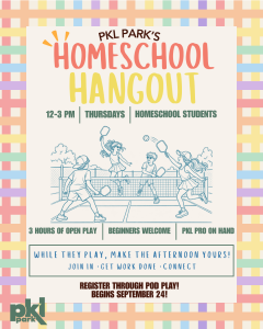 Four kids play pickleball on a court. Text promotes a homeschool hangout event at PKL Park.