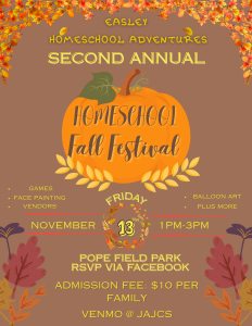 Fall festival poster with pumpkin, event details, autumn leaves, and activities like games, face painting, and vendors.