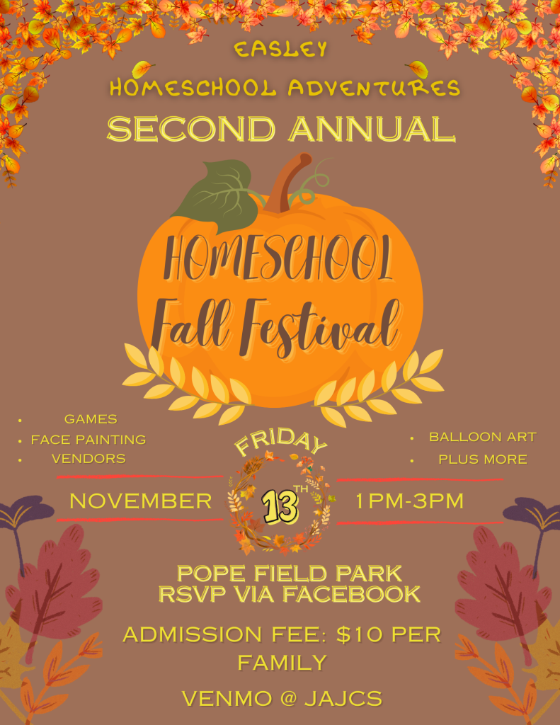 Fall festival poster with pumpkin, event details, autumn leaves, and activities like games, face painting, and vendors.