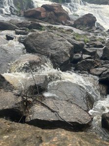 Water cascades over large, wet rocks with scattered branches and greenery near a waterfall.
