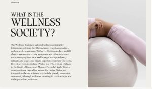 Person in pink workout clothes rests on a large exercise ball next to text about The Wellness Society community.