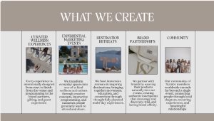 A chart with five columns describing curated wellness, marketing events, retreats, partnerships, and community.