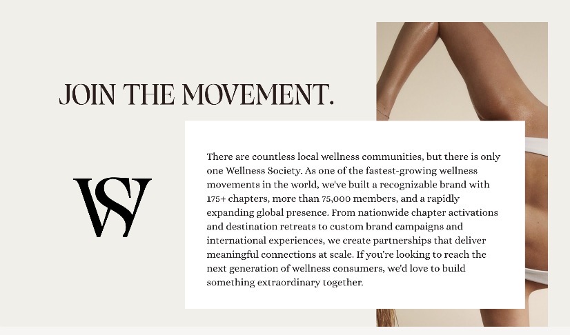 Text reads “Join the Movement” with a logo and description; part of a woman’s legs is visible on the right.