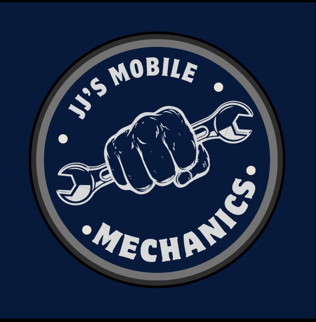 A fist gripping a wrench with the text “JJ’S MOBILE MECHANICS” in a circular logo on a dark blue background.
