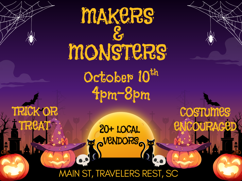 Halloween event poster with pumpkins, witches’ hats, and cats; event details and location in yellow text.