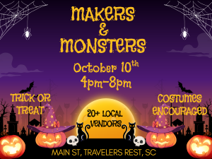 Halloween event poster with pumpkins, witches’ hats, and cats; event details and location in yellow text.