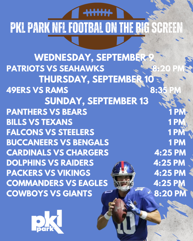NFL football schedule on a blue background, with a quarterback holding a football and the PKL Park logo at the bottom.