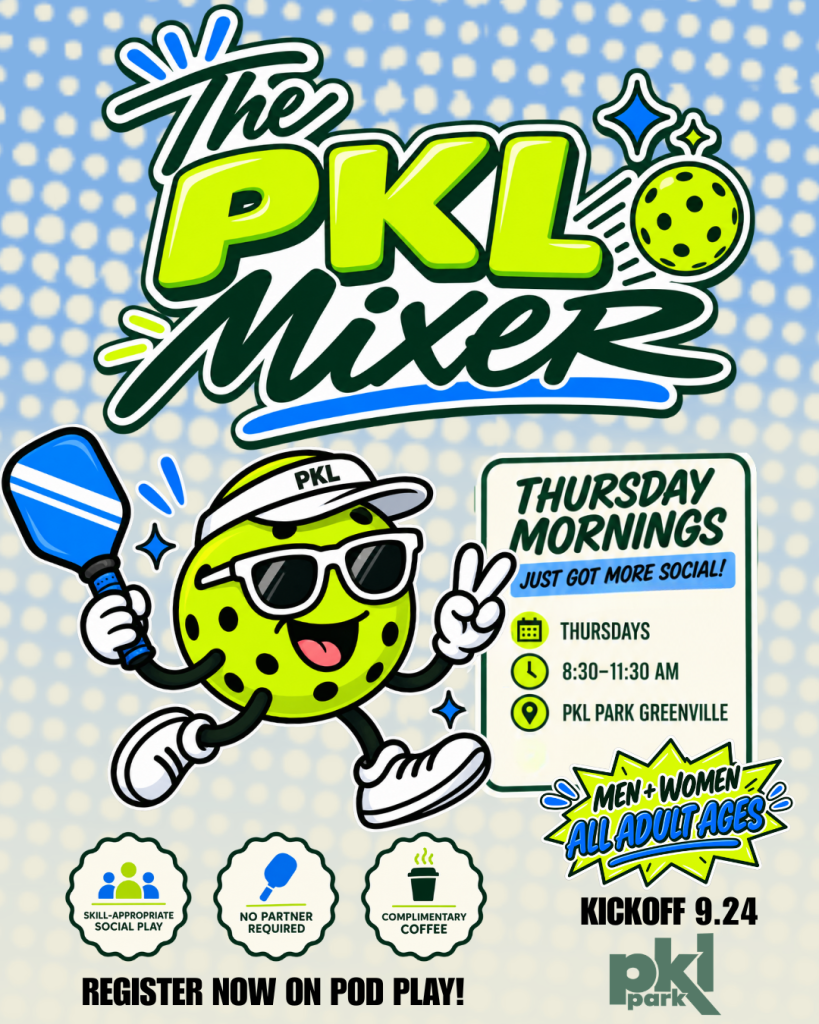 Cartoon pickleball with arms and legs holding a paddle, advertising a PKL Mixer event for adults.