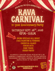 Red and beige party flyer with circus theme, promoting Kava Carnival anniversary event on September 26, 2026.
