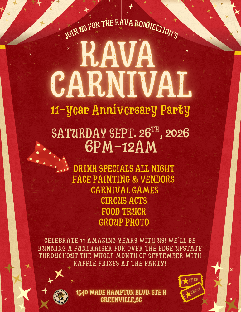Red and beige party flyer with circus theme, promoting Kava Carnival anniversary event on September 26, 2026.
