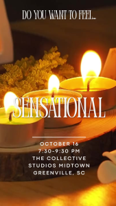 Three tealight candles burning on a wooden surface, event details overlaid in white text.