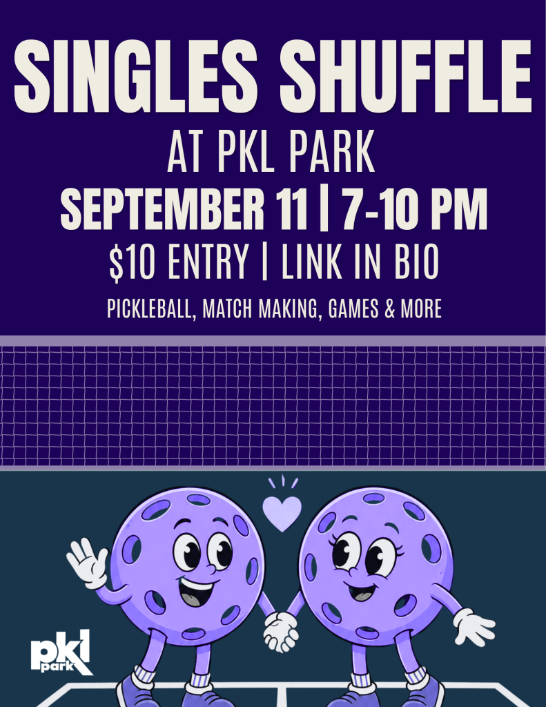 Singles Shuffle event flyer with cartoon pickleballs, event details, and a tennis net background.