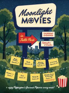 Outdoor “Moonlight Movies” event poster with movie titles, dates, and a city skyline in the background.