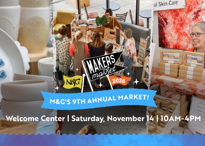 A collage of vendors and shoppers at a craft market with event details overlaid at the bottom.