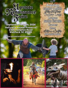 Upstate Renaissance Faire flyer with jousters, costumed people, event details, and list of activities.