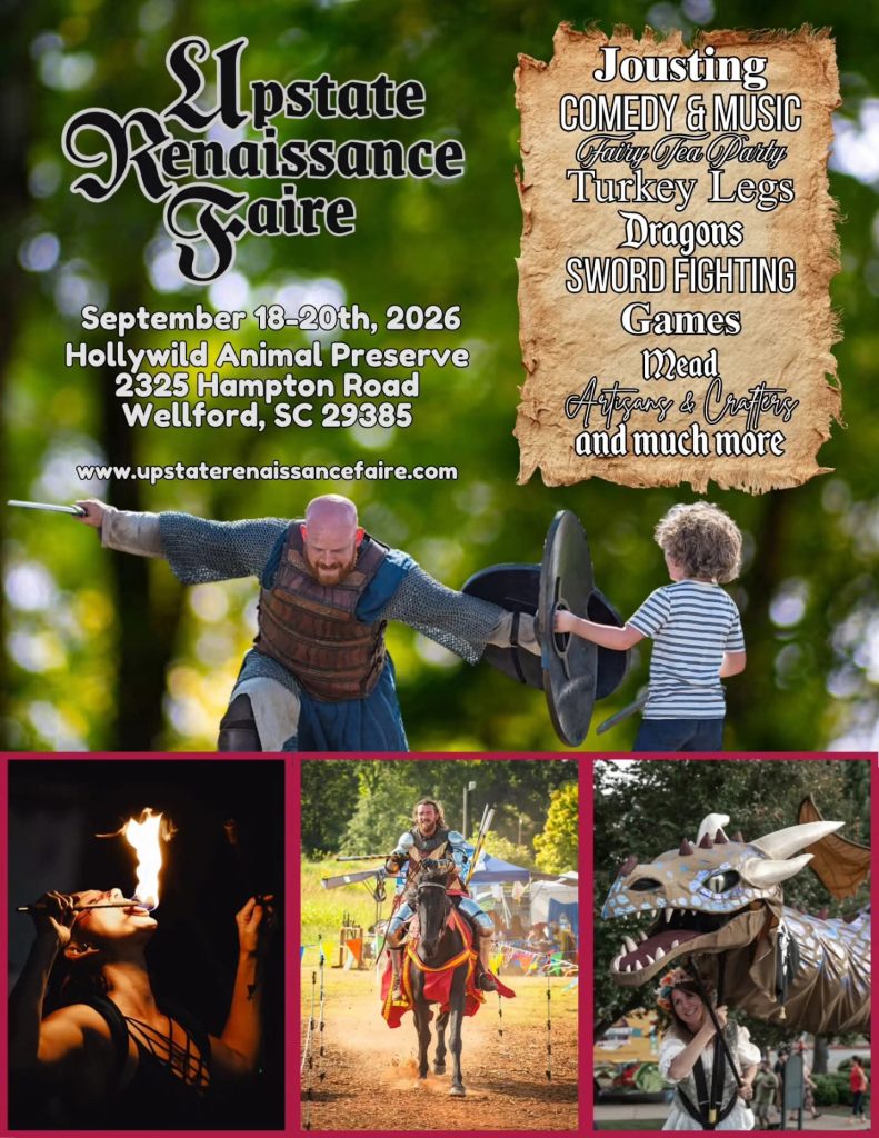 Upstate Renaissance Faire flyer with jousters, costumed people, event details, and list of activities.