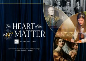 Collage of art, portraits, and a young woman painting, with “The Heart of the Matter” event details displayed.