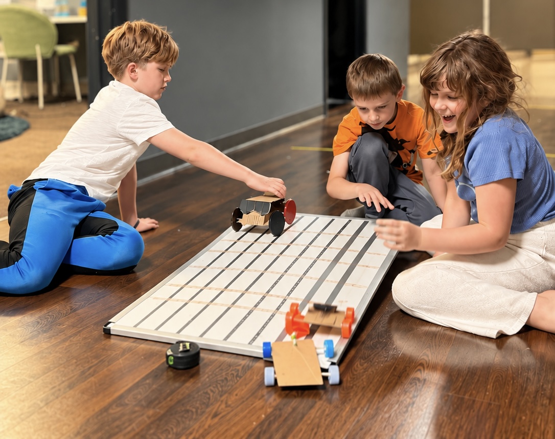 Three children race homemade toy cars on a ramp, smiling and watching the results on a wooden floor.