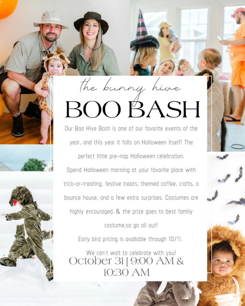 Poster for The Bunny Hive Boo Bash on October 31, featuring photos of children and parents in Halloween costumes.
