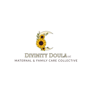 Logo for Divinity Doula LLC featuring a crescent moon decorated with sunflowers.