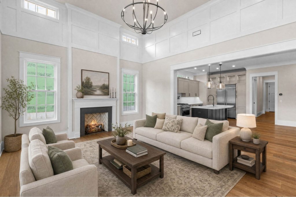Living room with a fireplace and sofa, opening into a kitchen with a dark island.