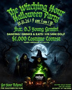 Flyer for The Witching Hour Halloween Party on October 31, 2019, at Group Therapy, featuring a $1,000 costume contest.