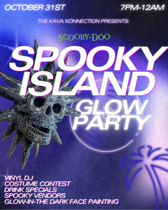 Spooky Island Glow Party flyer with a skull decoration, neon lights, and event details on a purple background.